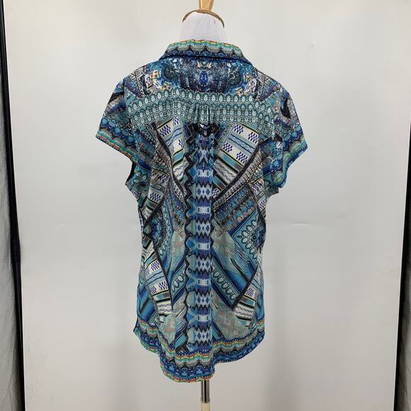 Lucky In Love Blouse Womens XL Extra large Multi Johnny Collar Short Sleeve Top - Picture 4 of 10